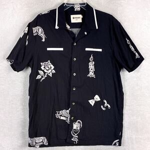 Pyknic Shirt Mens L Black White Pasta La Vista Rayon Streetwear Indie Hipster